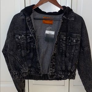 NEVER WORN Black denim jean jacket with black hood
